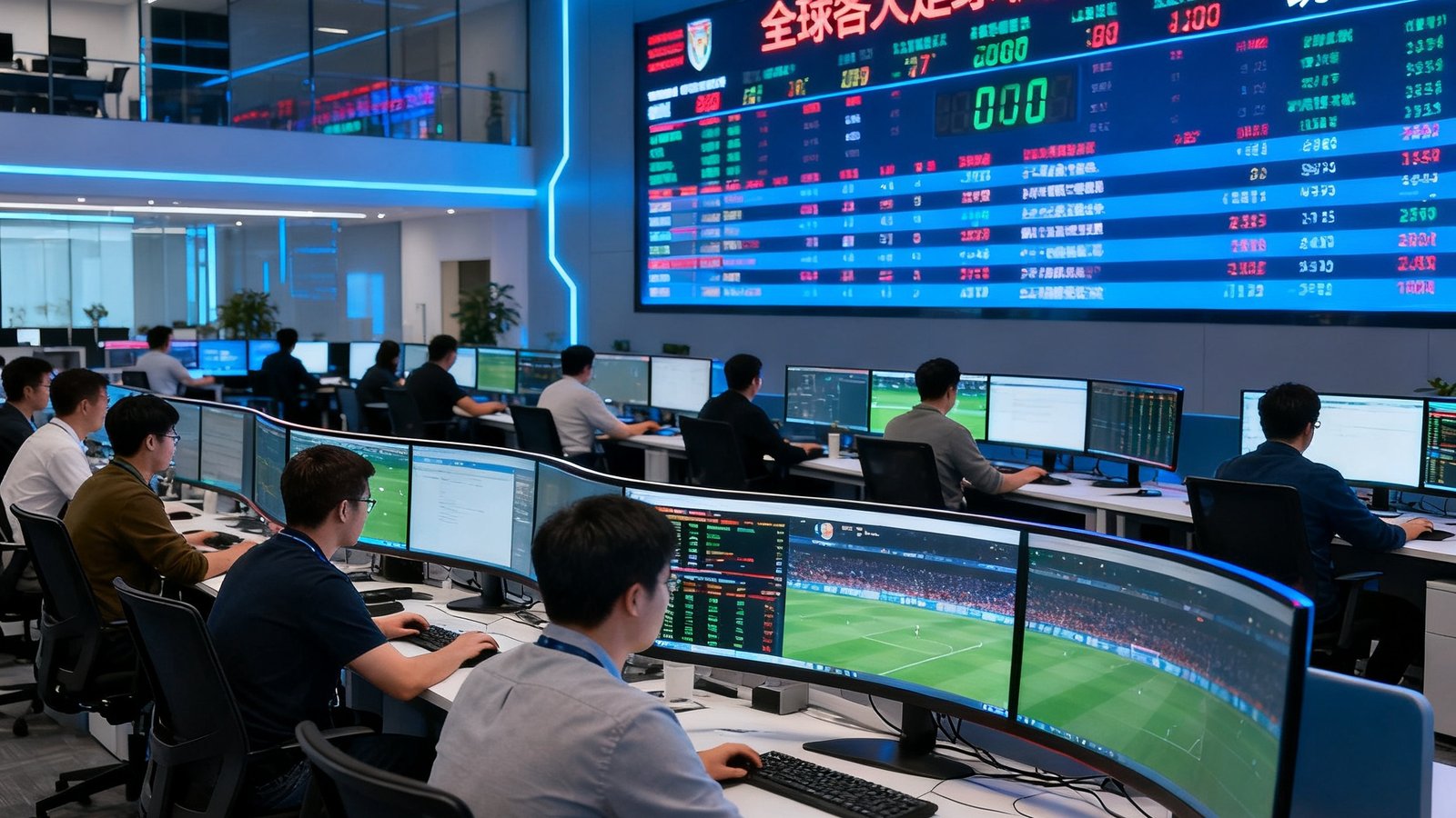 买球站位于上海张江的数据分析中心内部场景，开放式办公区内数十位数据分析师面对多块曲面屏幕专注工作，墙面上巨大的LED显示屏实时滚动着全球各大足球联赛的比分和统计数据，整体环境充满科技感
