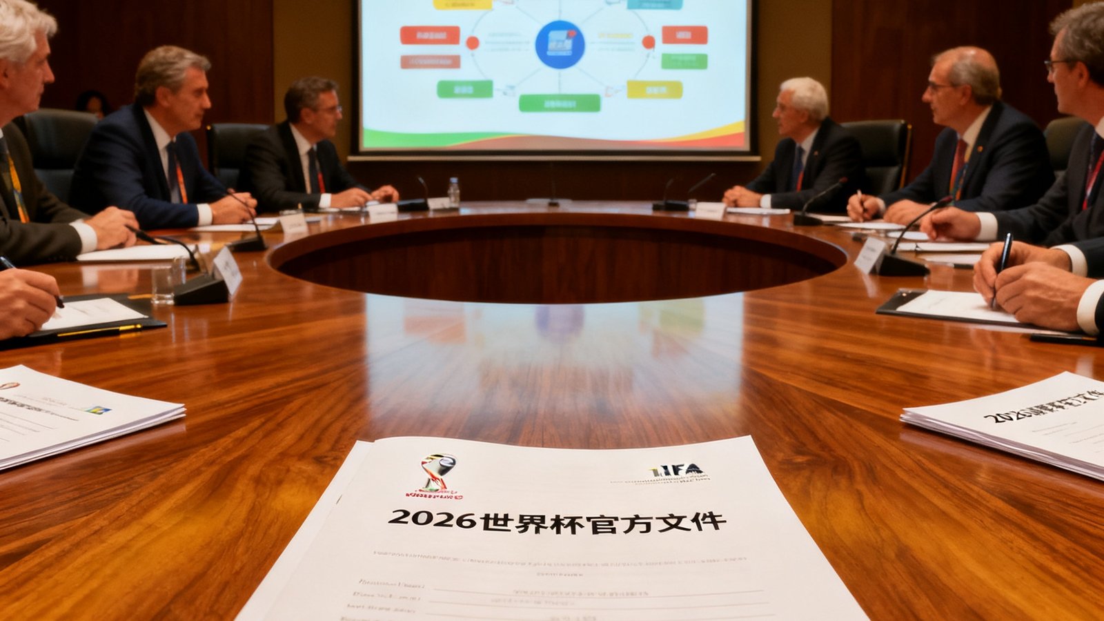 国际足联会议室场景，官员们围坐在圆桌旁讨论新规则，桌面上摆放着2026世界杯官方文件，投影屏幕上展示着新赛制的图解说明